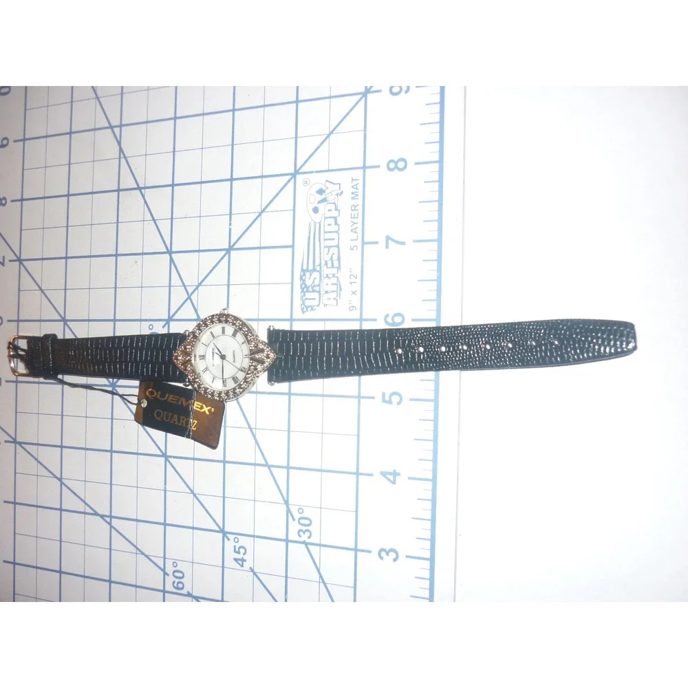 VTG Quemex Womens Watch Art Deco Style Silver Tone Dial Black New Battery NOS